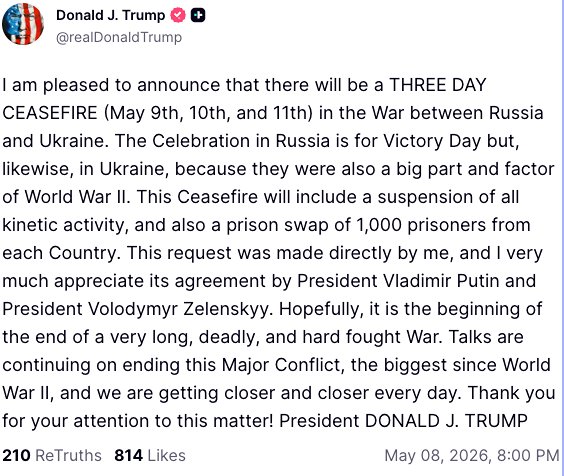 Trump: Tre dagars vapenvila i Ukrainakriget